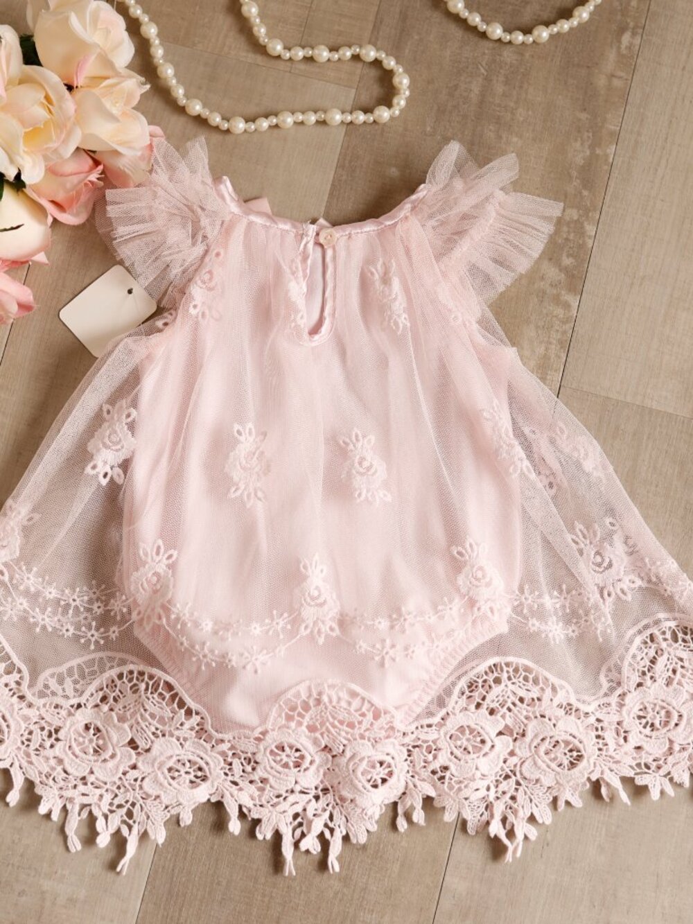 Pink Tulle Cotton Embroidered Lace Overlay Onesie Baby Couture Newborn or 6/9 Mo - Picture 3 of 5